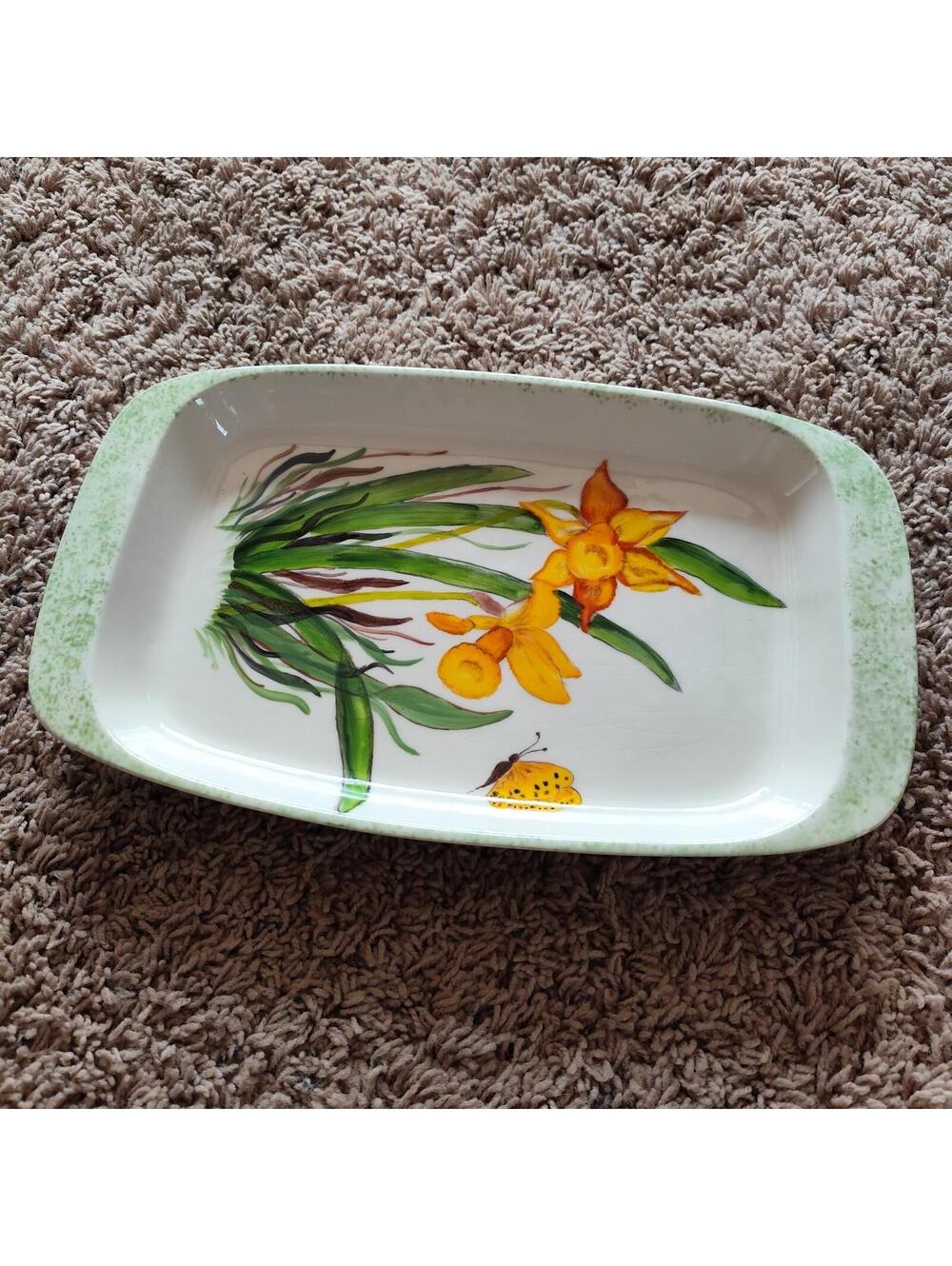 Vintage Daffodil Platter Plates,Green, Rectangular,Size Length 13" Width 8"